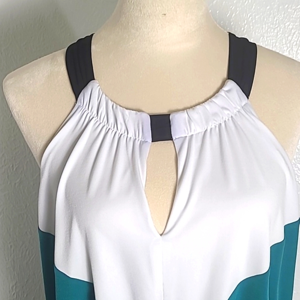 London Style White, Teal, Black Colorblock Maxi-Dress, Halter Neckline Sz Medium - Picture 4 of 12